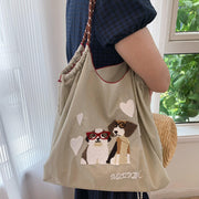 Cute Dog Embroideried Handbag Durable Drawstring Shoulder Bag For Women