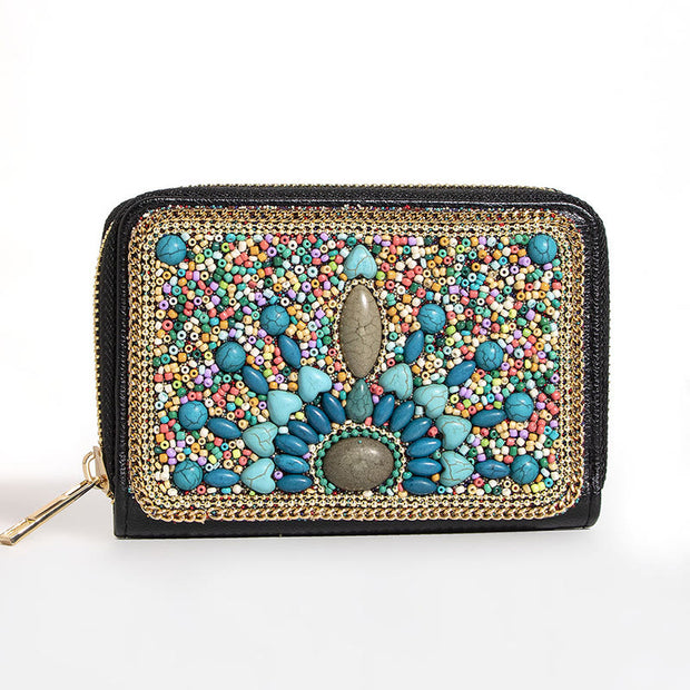 Bohemian Wallet For Women Butterfly Flower Pattern Zipper Purse