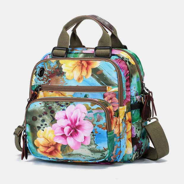 Multifunctional Waterproof Flower Printing Backpack Floral Diaper Bag Crossbody Bag