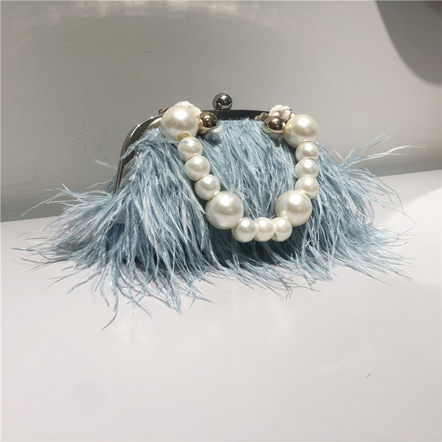 Pearl Chain Crossbody Bag For Women Ostrich Fur Handbag