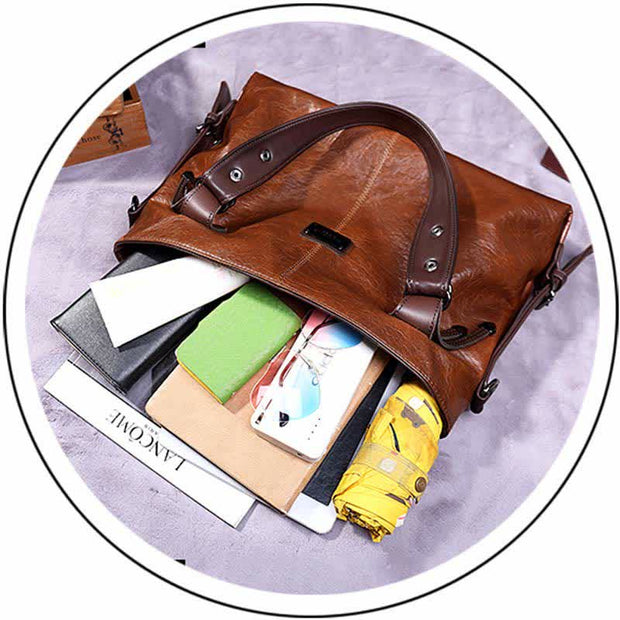 Retro Tote Handbag Large Capacity Faux Leather Crossbody Shoulder Bag
