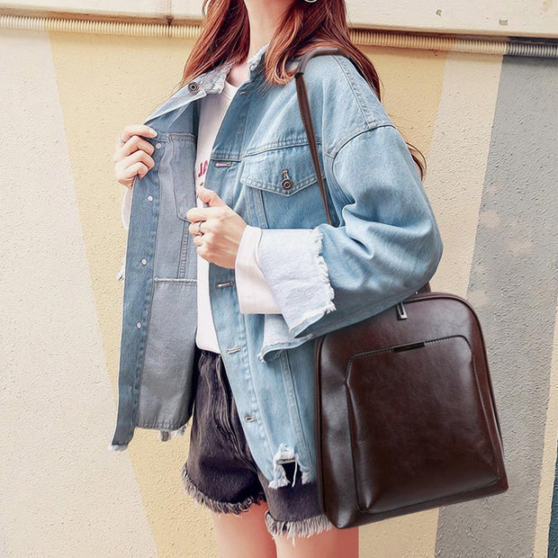 Retro PU Leather Daypack Women Casual Backpack Purse Zipper Shoulder Bags
