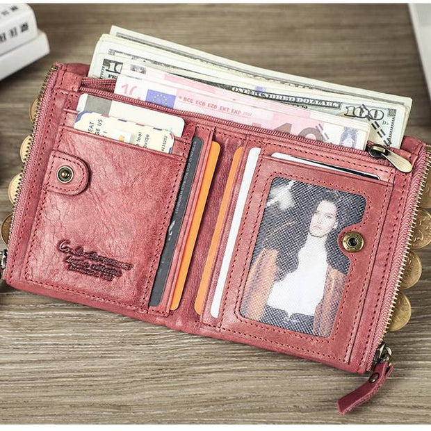 Multifunctional Genuine Leather Double Zipper Wallet