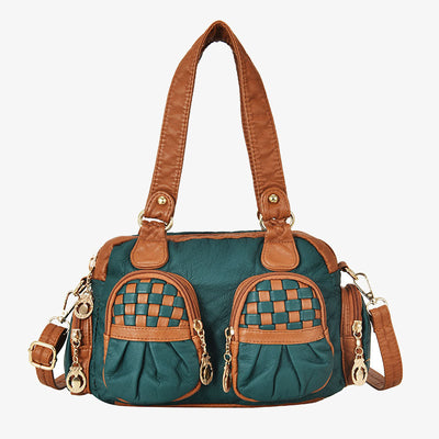 Contrast Color Checkered Handbag For Women Soft Leather Crossbody Bag