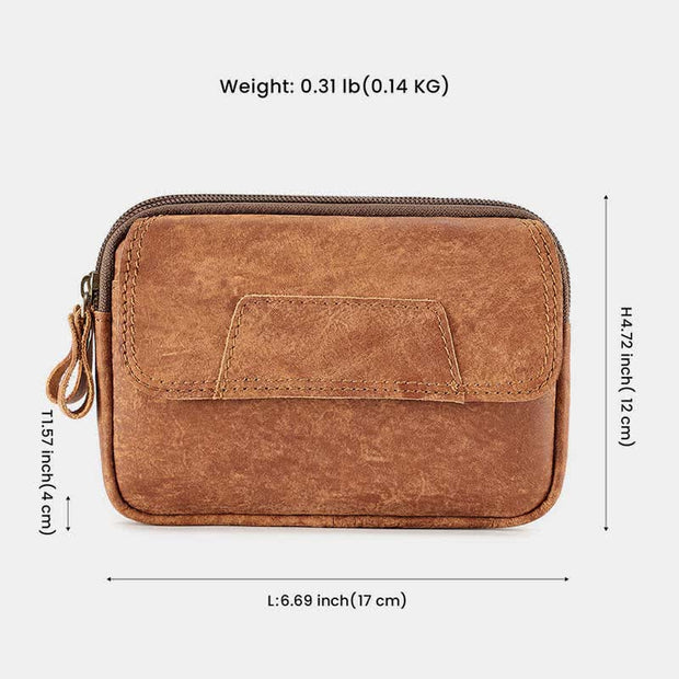Genuine Leather Double Zip Waist Bag Pouch with Belt Loop