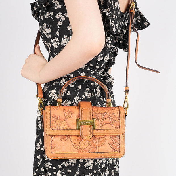 Flower Pattern Square Bag For Commuter Clamshell Leather Handbag