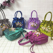 Embroidery Floral Clutch Drawstring Bucket Bag Handbag Party Bag