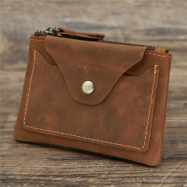 Small Leather Coin Purse Brown Ultra Thin Zipper Card Holder