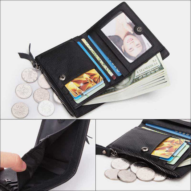 Men's Genuine Leather Bifold Wallet with Card Holder Double Zipper Pocket