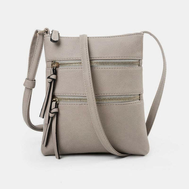 Multifunction Triple Zip Crossbody Bag Trendy Design Leather Shoulder Bag