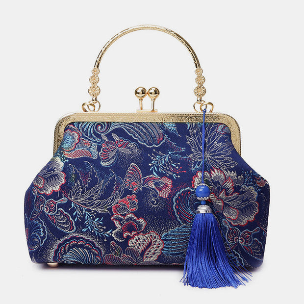 Vintage Ethnic Floral Embroidery Kiss Lock Top-Handle Bag