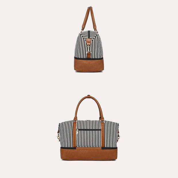 Stripe Canvas Duffel Bag Handbag Weekender Bag with Luggage Sleeve
