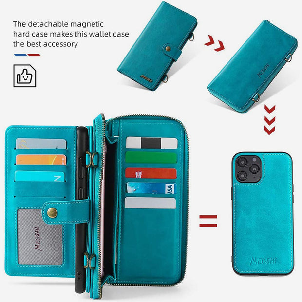 Wallet Case for iPhone Samsung [2 in 1] Magnetic Detachable Wallet Purse [Crossbody Chain] Folio Flip Card Solt Protection Back Cover