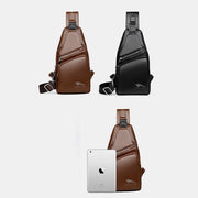 Leather Sling Bag with USB Charging Port Hiking Travel Chest Bag