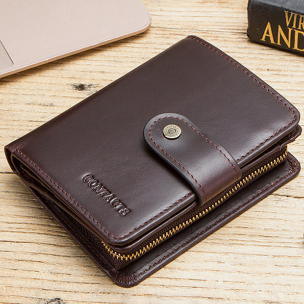 RFID Blocking Genuine Leather Multi-Card Buckle Wallet with Zip Coin Pocket