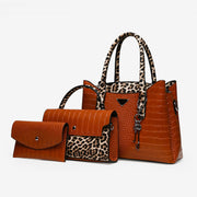 Crocodile Leopard Grain Leather Tote For Women 3 Piece Bag Set