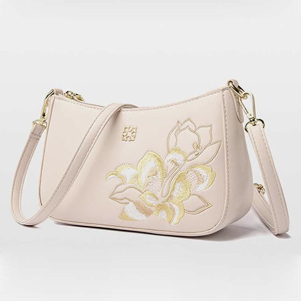 Women's Small Real Leather Floral Embroidery Crossbody Purse Shoulder Handbag