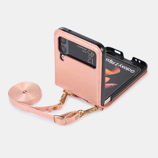 Phone Case For Z Flip 4 Crossbody Clamshell Leather Protection Case