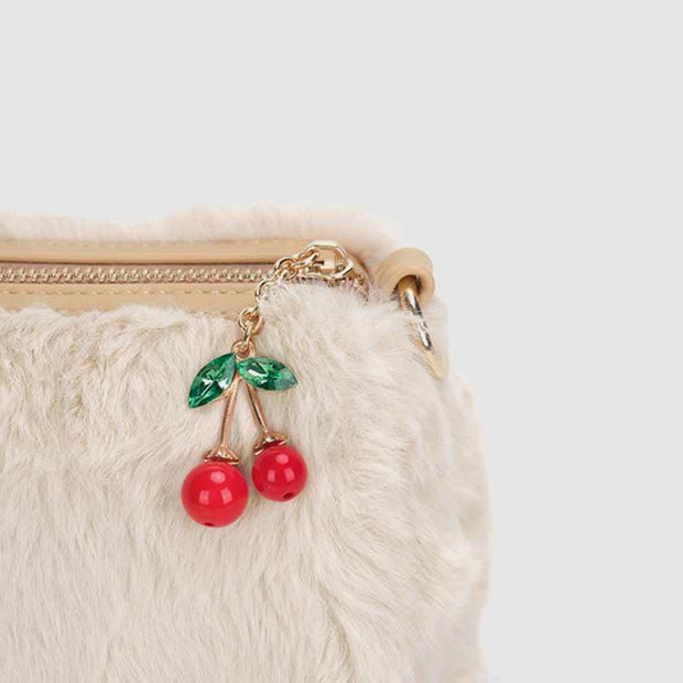 Women Winter Plush Handbag Fluffy Cherry Crossbody Shoulder Purse Hobo Bag