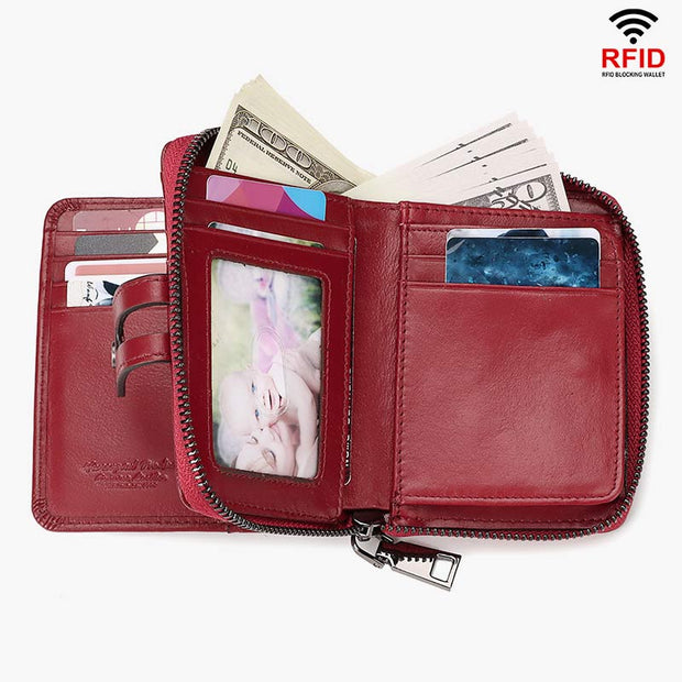 RFID Anti-theft Thir-Fold Multi-Slot Genuine Leather Short Wallet