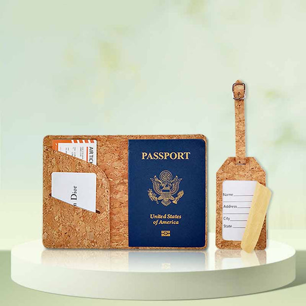 Passport Holder Set For Travel Cork Wood With Luggage Tag