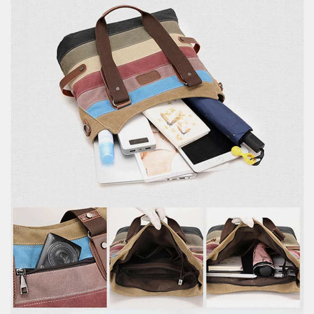 Multifunction Color Block Canvas Handbag Hobo Tote Bag Crossbody Purses