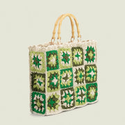 Knitted Floral Patchwork Tote Bamboo Handle Handbag