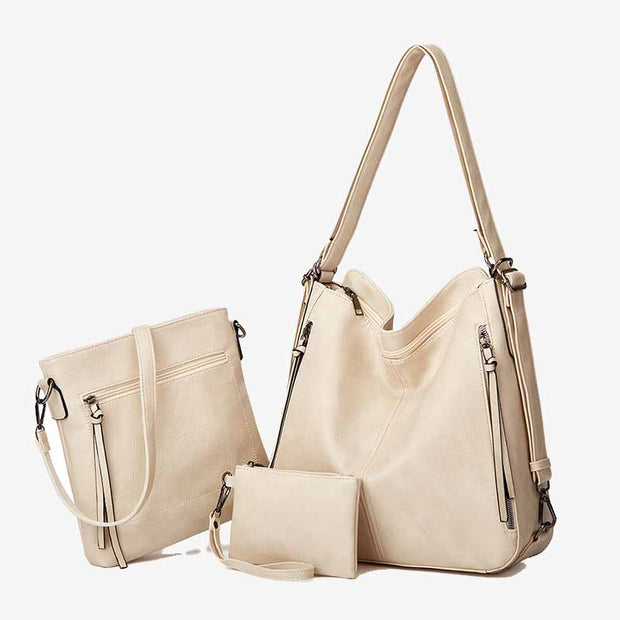 Elegant Tote Convetible Backpack Solid Color Leather Bag Set