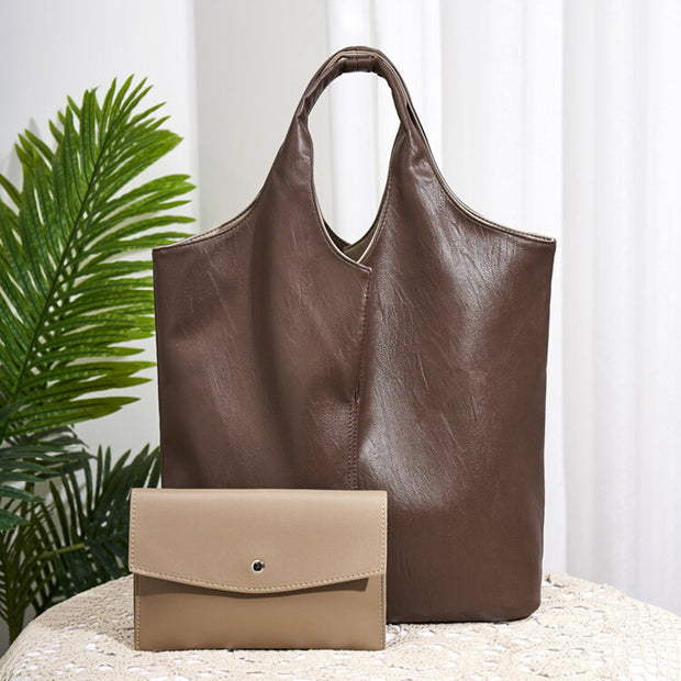 Leather Tote Shoulder Bag for Women Double-side Hobo Purse Bucket Handbag