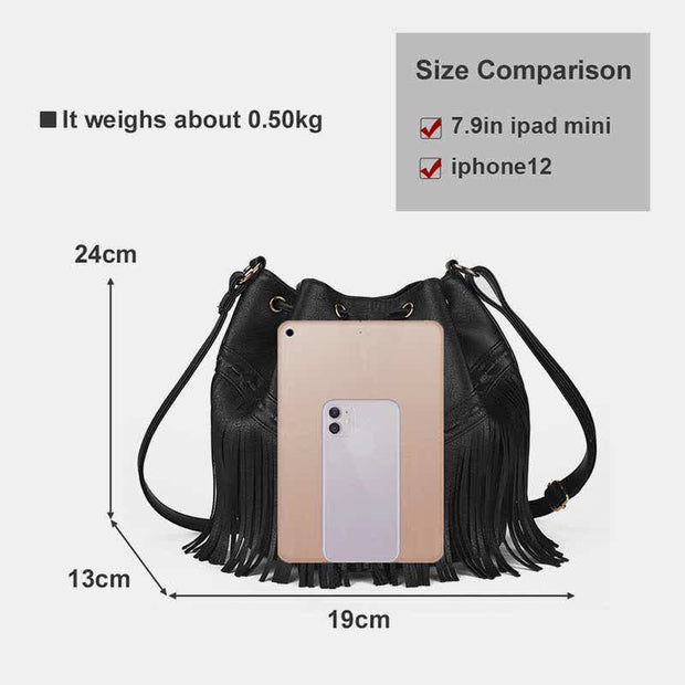 Tassel Crossbody Bag for Women Faux Leather Bucket Handbag Tote Satchel