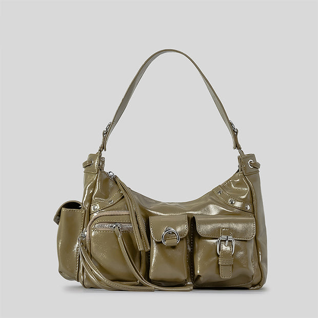 Glossy Leather Underarm Bag For Women Rivet Tassel Crossbody Bag