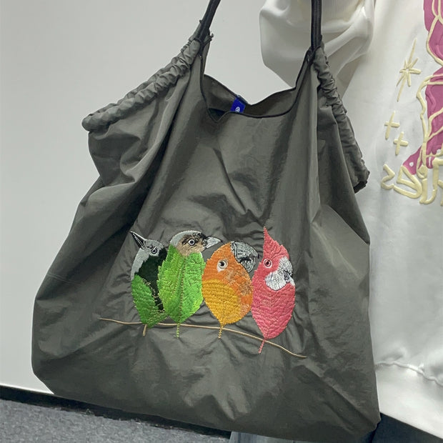 Cute Birds Embroideried Handbag Durable Drawstring Shoulder Bag For Women