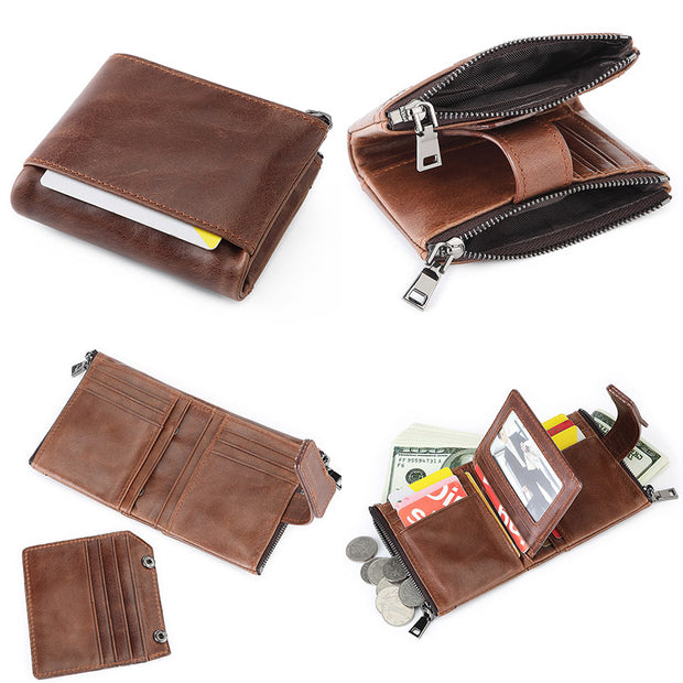 Multi-Slot Genuine Leather RFID Blocking Bifold Wallet with 2 Zip Coin Purse