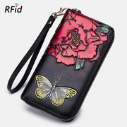 RFID Genuine Leather Vintage Floral Embossing Wallet