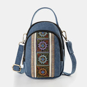 Multi-Pocket Vintage National Floral Embroidery Crossbody Phone Bag